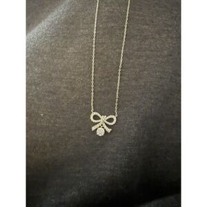 Vintage 925 Sterling Silver Cz Bow Silver Pendant Necklace Womens 16-18" #376